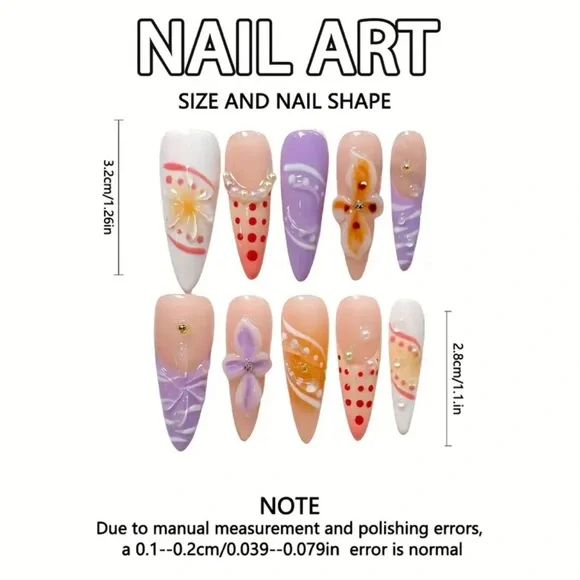Colorful Handmade Press On Nail Art Set with Floral Designs Long Length 3D NWT - Picture 6 of 10